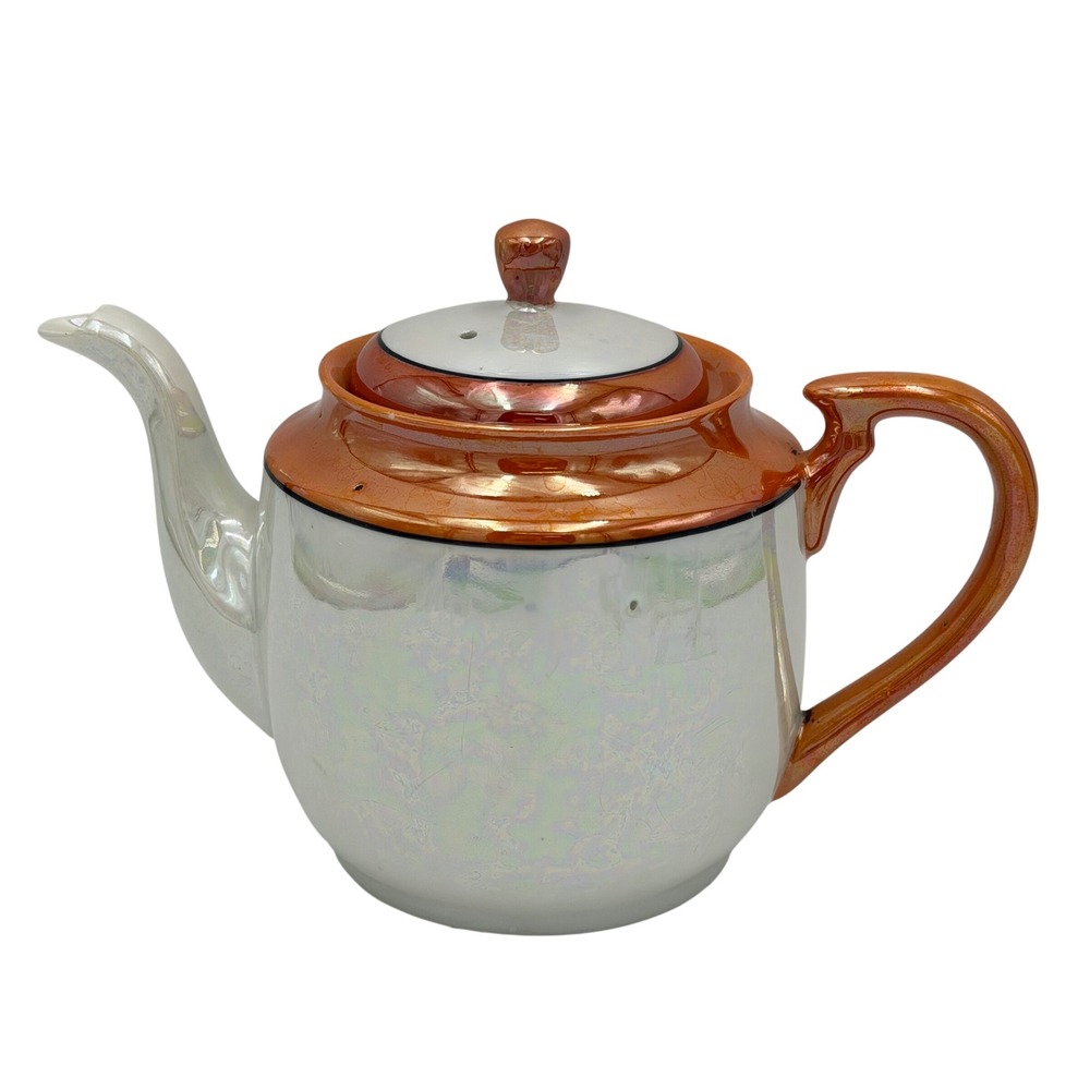 Vtg Made in Japan Iridescent Lusterware Teapot Orange White Black Porcelain Lid‎